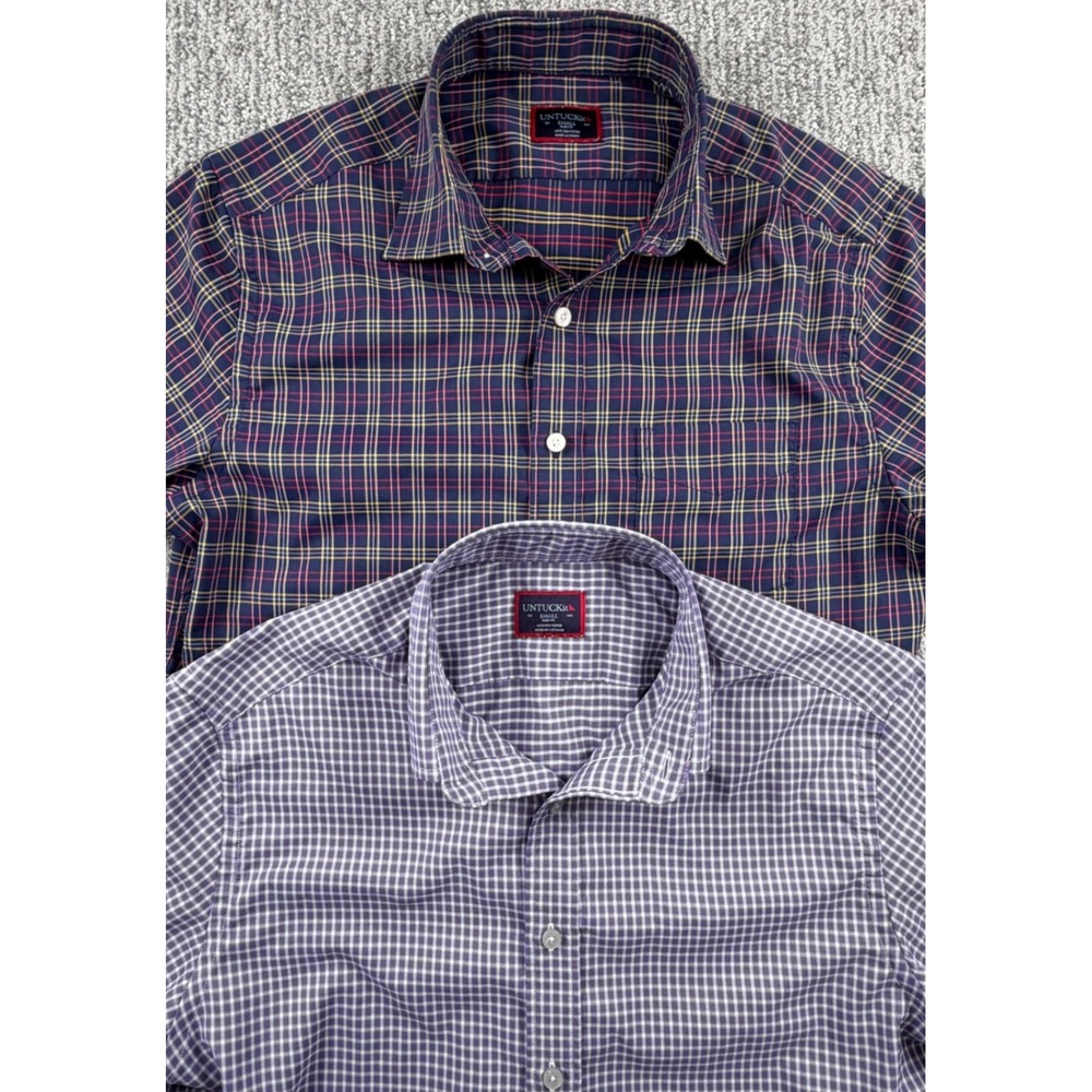 Lot of 2 UNTUCKit Button Down Shirts Mens Small Navy Purple Plaid Slim Fit 41175